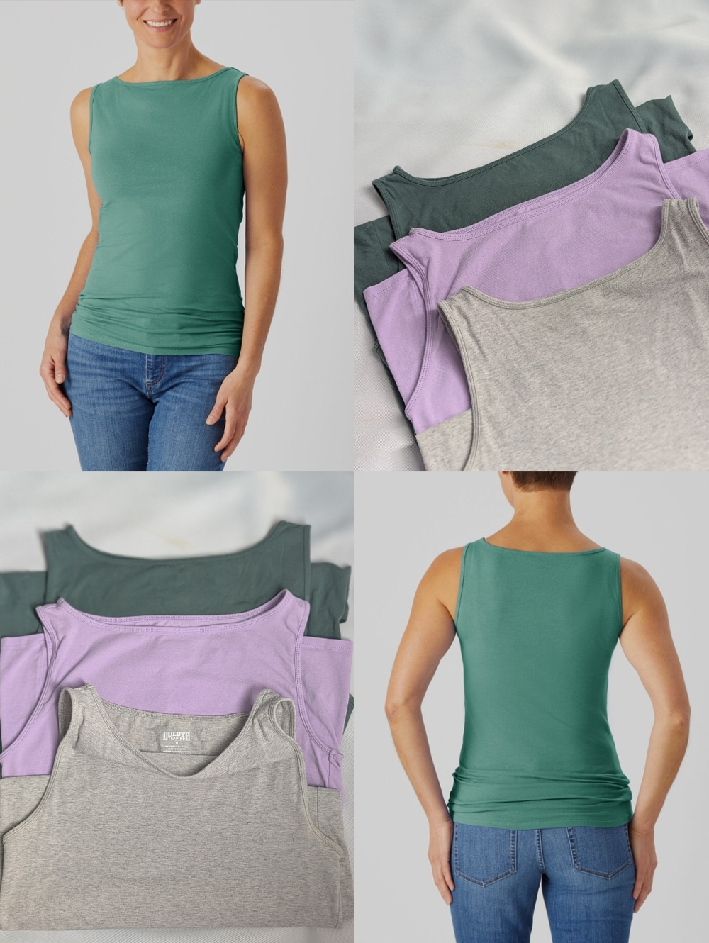 3 Duluth Trading Co Boat Neck No Yank Tanks- Green, Lavender, Heather Gray.